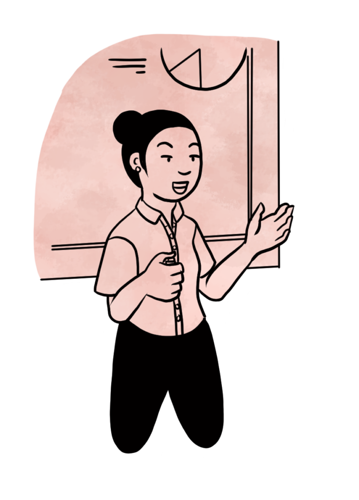 An illustration of a woman presenting in front of a projector screen.
